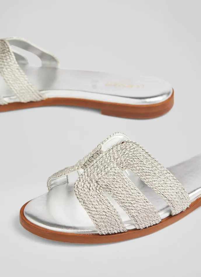 Women Flats LKBennett Riley Silver Metallic Raffia Flat Mules Silver Women Flats LKBennett Riley Silver Metallic Raffia Flat Mules Silver