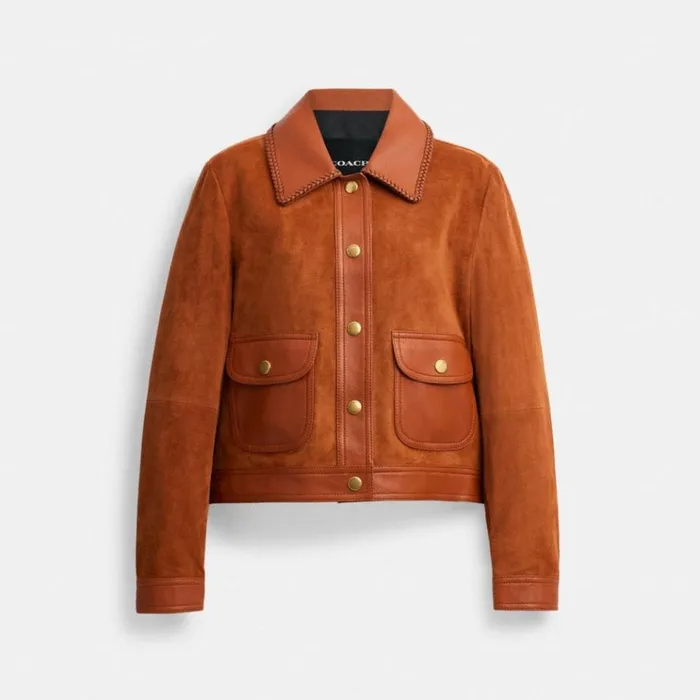 Women Jackets and Outerwear Coach Braided Suede Jacket Burnished Amber
