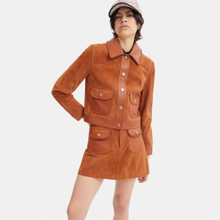 Women Jackets and Outerwear Coach Braided Suede Jacket Burnished Amber