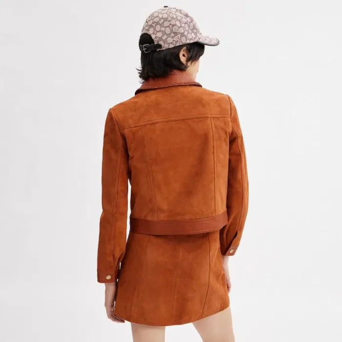 Women Jackets and Outerwear Coach Braided Suede Jacket Burnished Amber