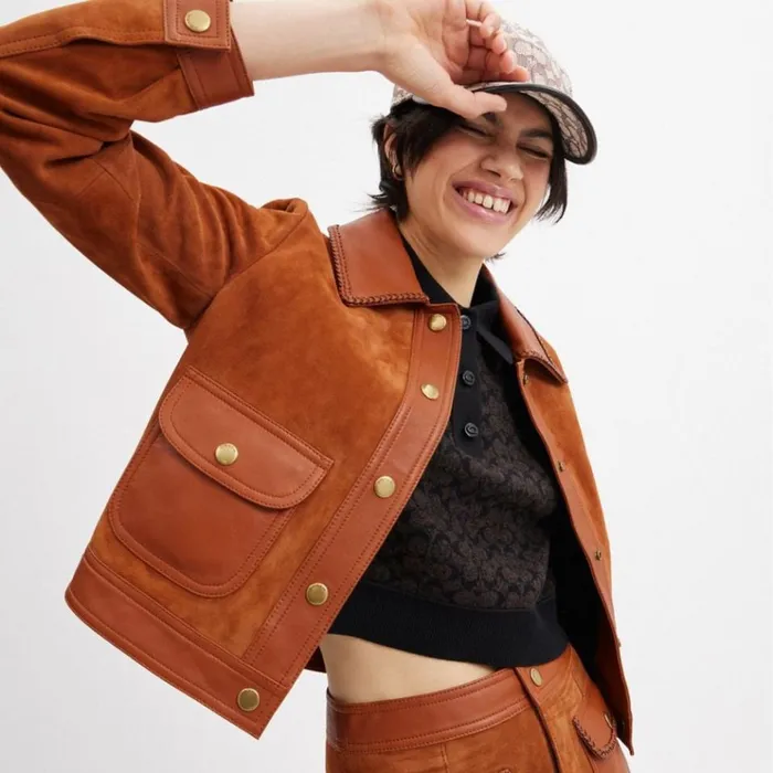Women Jackets and Outerwear Coach Braided Suede Jacket Burnished Amber