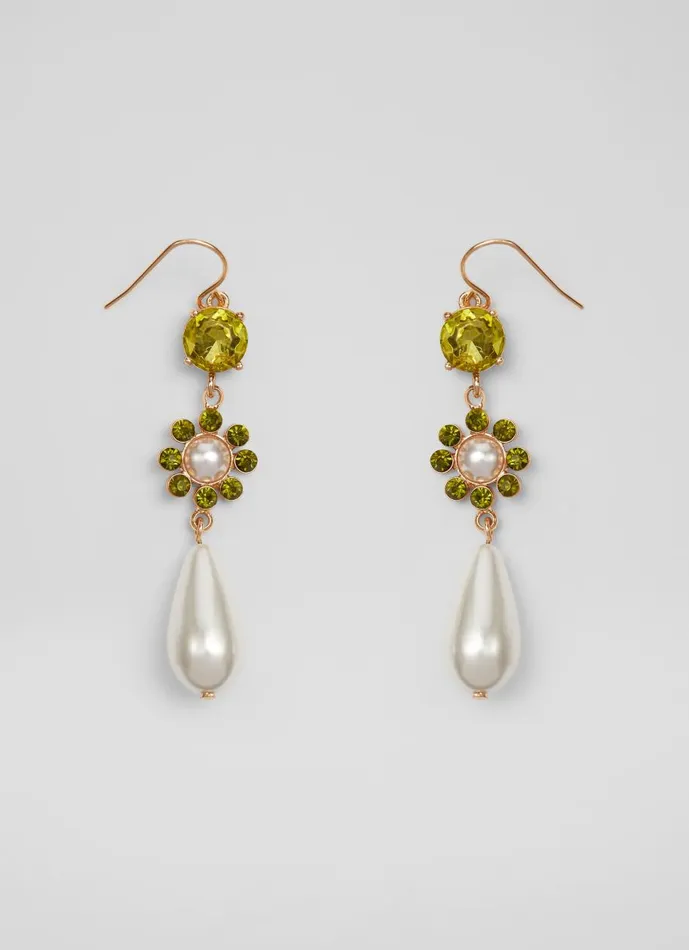 Women Jewellery LKBennett Kamile Pearl and Green Crystal Drop Earrings