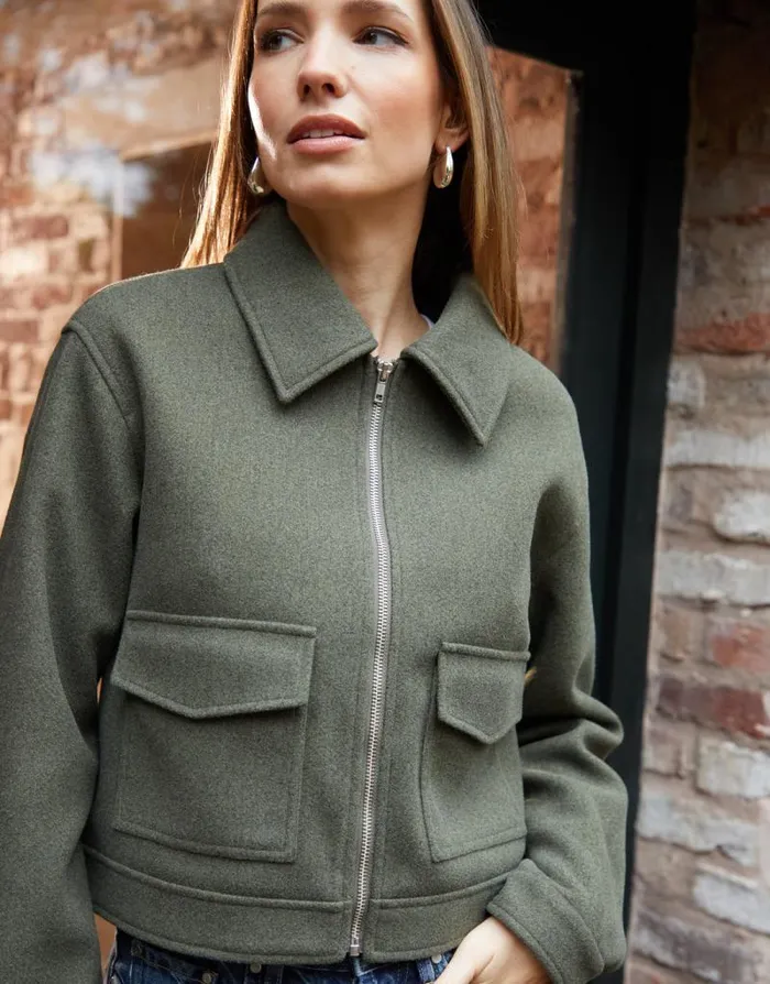 Women Khaki Faux Wool Collared Harrington Jacket Threadbare Jackets
