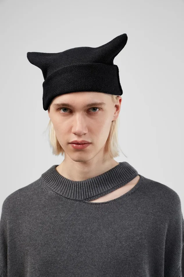 Women Knit Hat Black Melange Knit Hat One Size Camper Knit