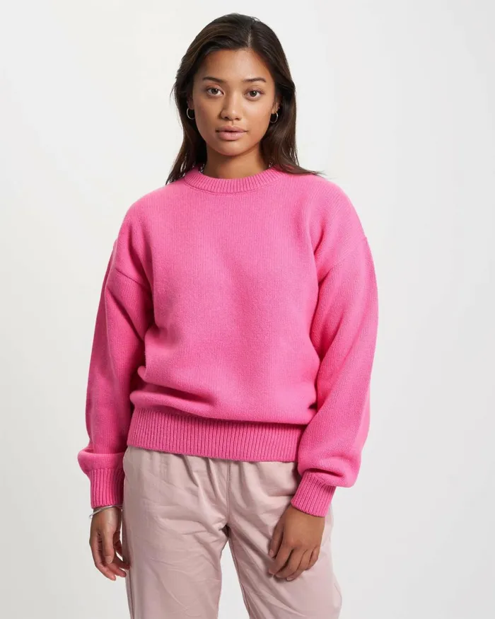 Women Knit Sweaters Colorful Standard Oversized Merino Wool Crew Bubblegum Pink