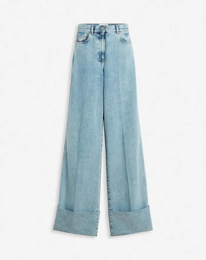 Women Lanvin Pants Wideleg Cuffed Denim Pants Light Blue