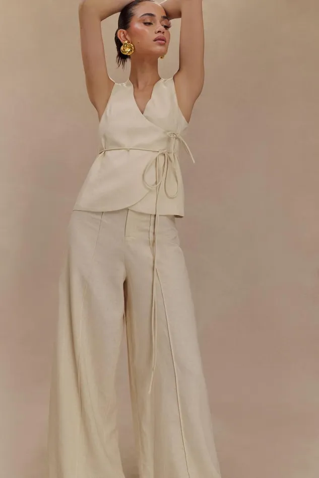 Women Meshki Bottoms Brandi Linen Straight Leg Pant 8211 Wheat Marle