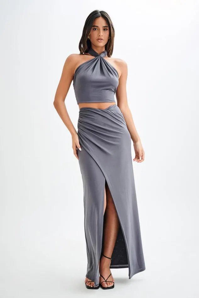 Women Meshki Bottoms Bronwyn Slinky Ruched Maxi Skirt With Split 8211 Charcoal