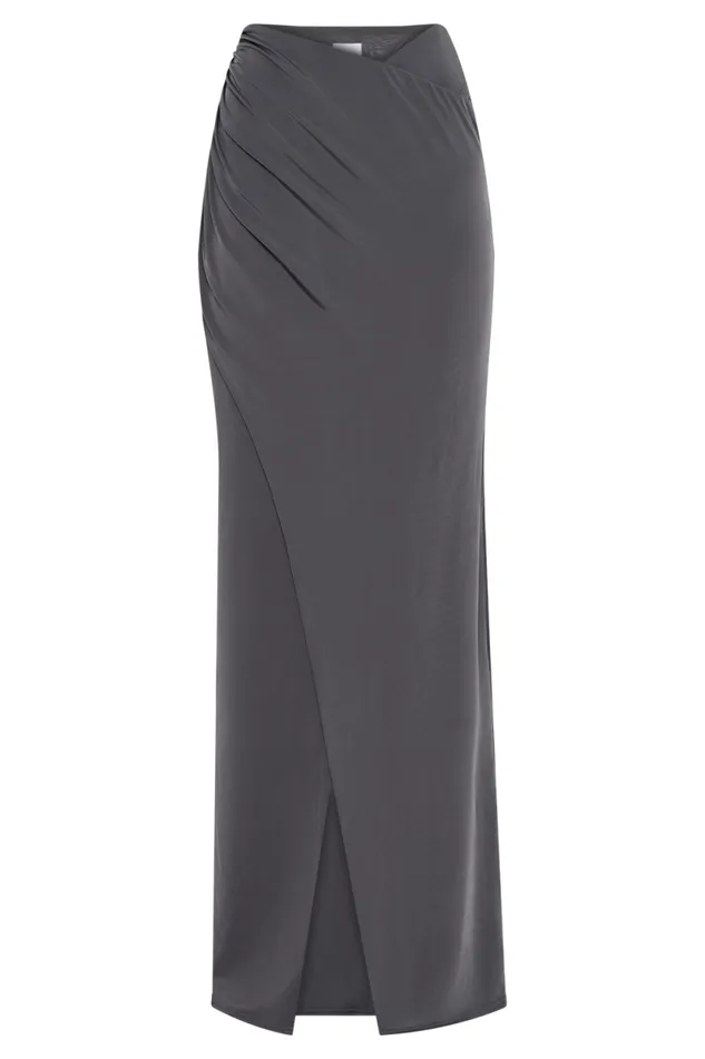 Women Meshki Bottoms Bronwyn Slinky Ruched Maxi Skirt With Split 8211 Charcoal