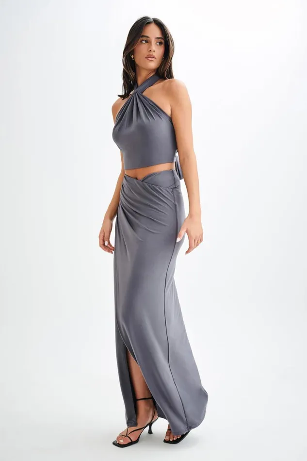 Women Meshki Bottoms Bronwyn Slinky Ruched Maxi Skirt With Split 8211 Charcoal