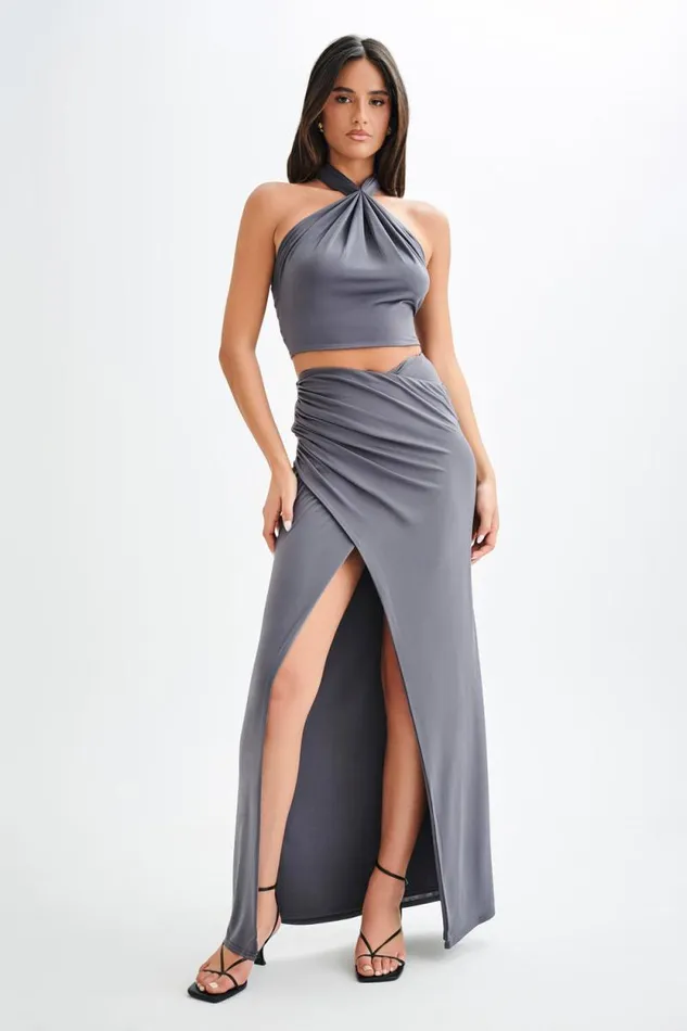 Women Meshki Bottoms Bronwyn Slinky Ruched Maxi Skirt With Split 8211 Charcoal