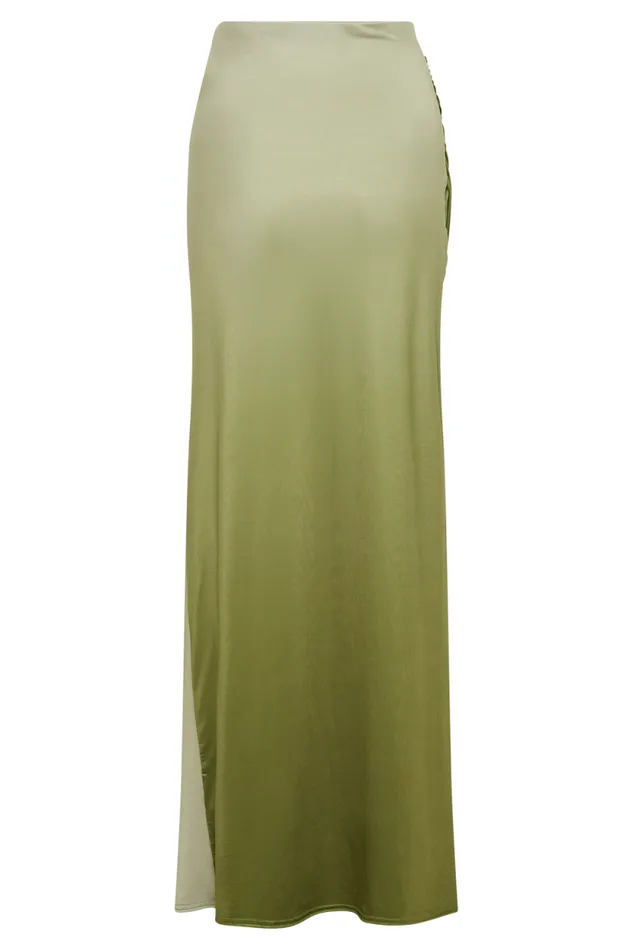 Women Meshki Bottoms Bronwyn Slinky Ruched Maxi Skirt With Split 8211 Ombre Vintage Olive