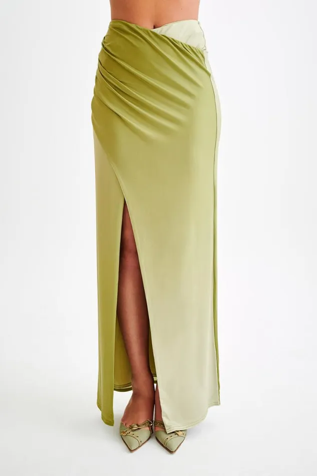 Women Meshki Bottoms Bronwyn Slinky Ruched Maxi Skirt With Split 8211 Ombre Vintage Olive
