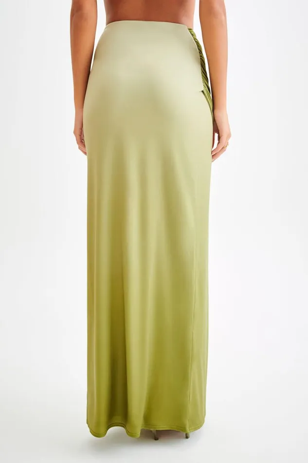 Women Meshki Bottoms Bronwyn Slinky Ruched Maxi Skirt With Split 8211 Ombre Vintage Olive