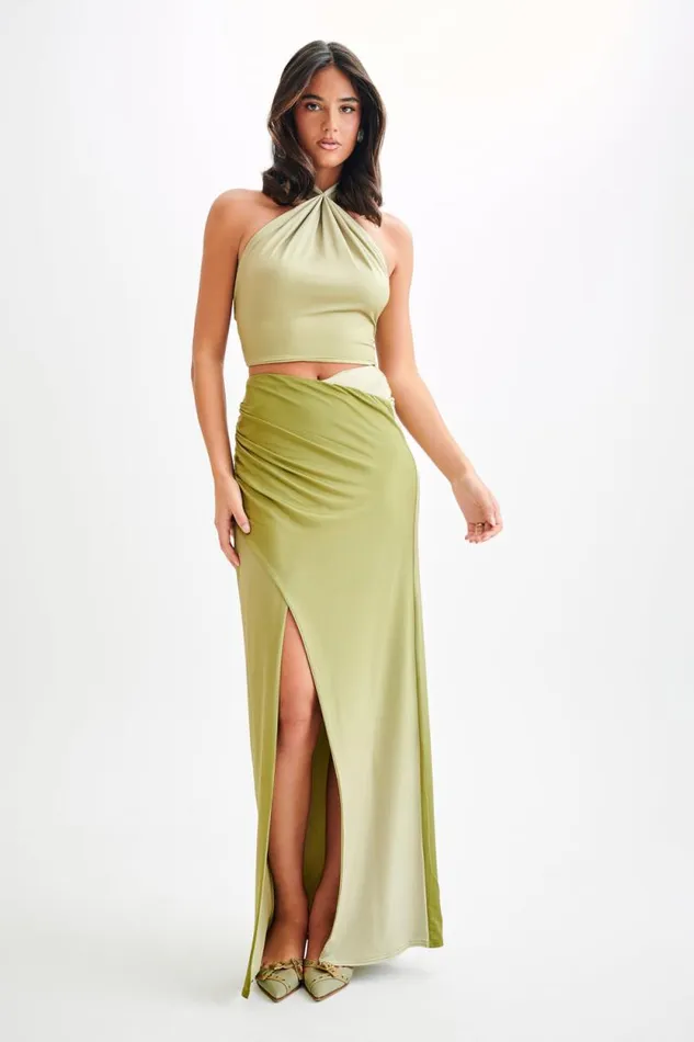 Women Meshki Bottoms Bronwyn Slinky Ruched Maxi Skirt With Split 8211 Ombre Vintage Olive