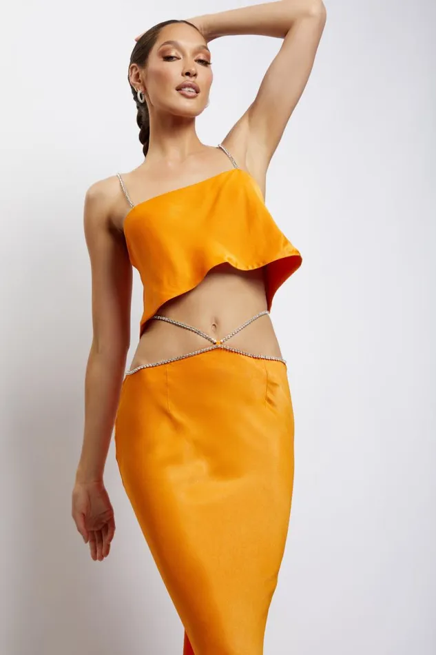 Women Meshki Bottoms Dayana Diamante Maxi Skirt 8211 Mandarin
