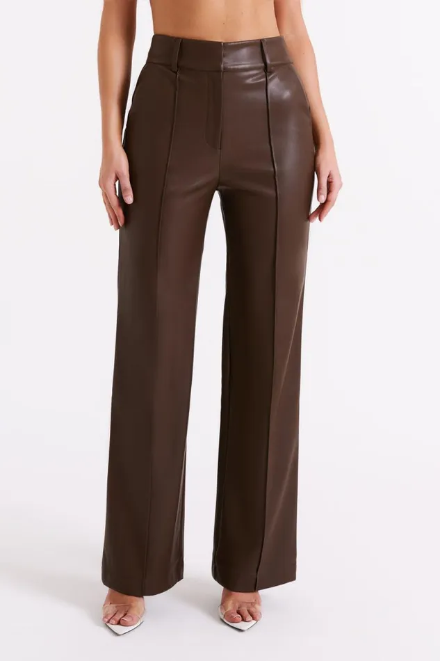 Women Meshki Bottoms Toni Faux Leather Wide Leg Pant 8211 Dark Brown