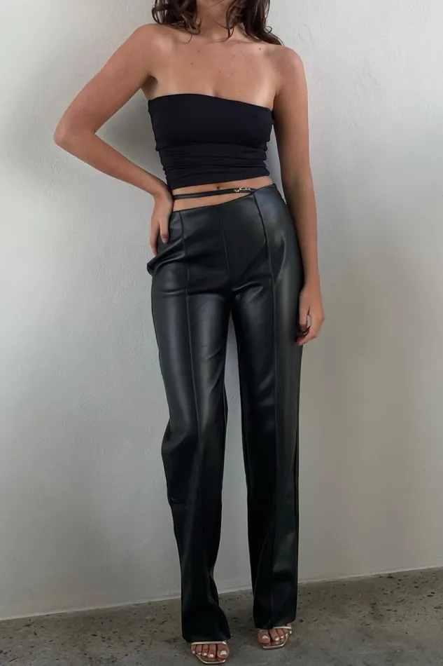 Women Meshki Bottoms Zarsa Wide Leg Mid Rise Pu Pant 8211 Black