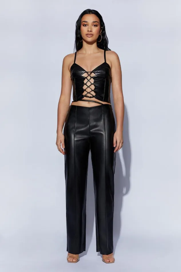 Women Meshki Bottoms Zarsa Wide Leg Mid Rise Pu Pant 8211 Black