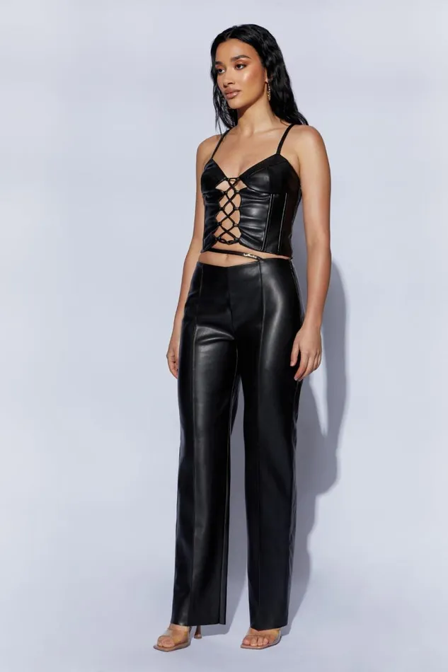 Women Meshki Bottoms Zarsa Wide Leg Mid Rise Pu Pant 8211 Black