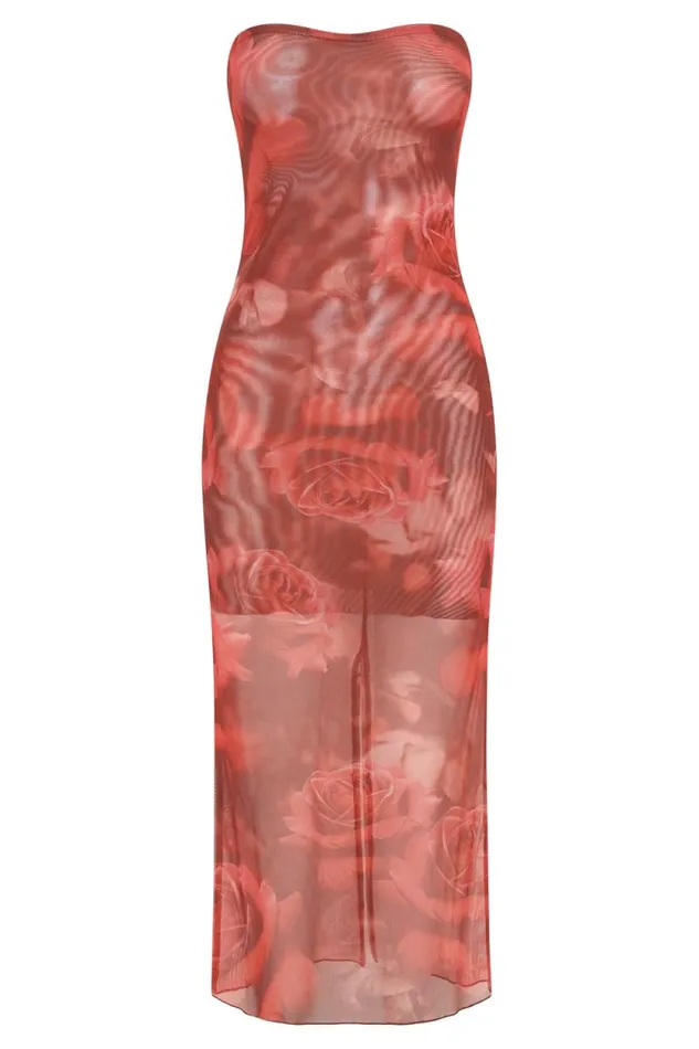 Women Meshki Dresses Aphrodite Strapless Mesh Dress 8211 Oversized Rose Print