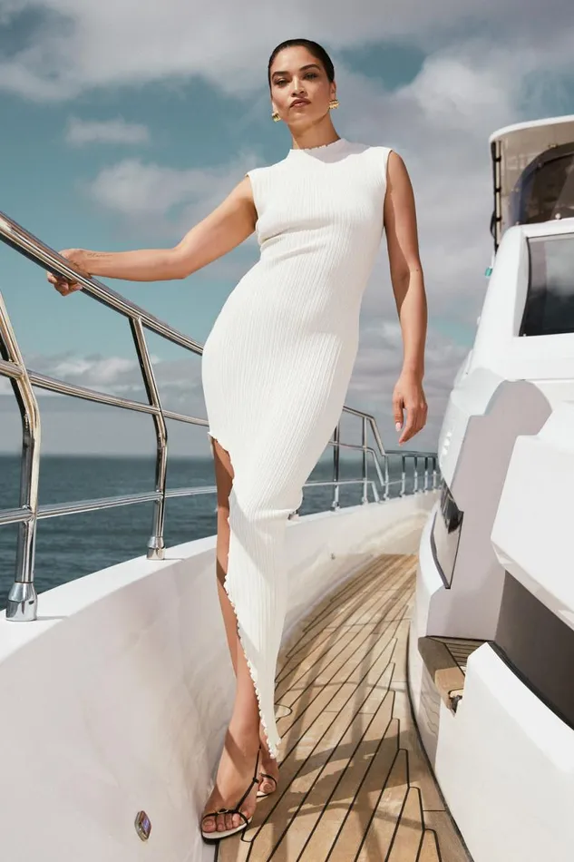 Women Meshki Dresses Arden Asymmetrical Rib Knit Maxi Dress 8211 Ivory Marle