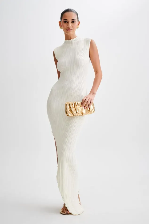 Women Meshki Dresses Arden Asymmetrical Rib Knit Maxi Dress 8211 Ivory Marle