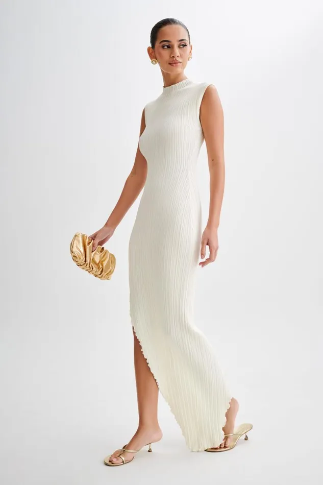 Women Meshki Dresses Arden Asymmetrical Rib Knit Maxi Dress 8211 Ivory Marle