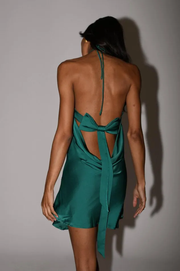 Women Meshki Dresses Atlas Satin Bow Mini Dress 8211 Emerald