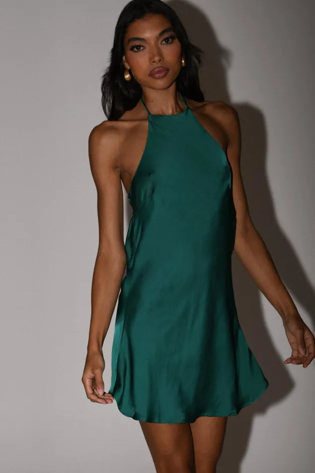 Women Meshki Dresses Atlas Satin Bow Mini Dress 8211 Emerald