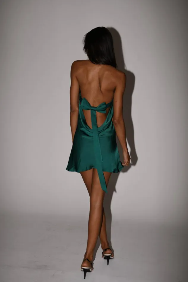 Women Meshki Dresses Atlas Satin Bow Mini Dress 8211 Emerald