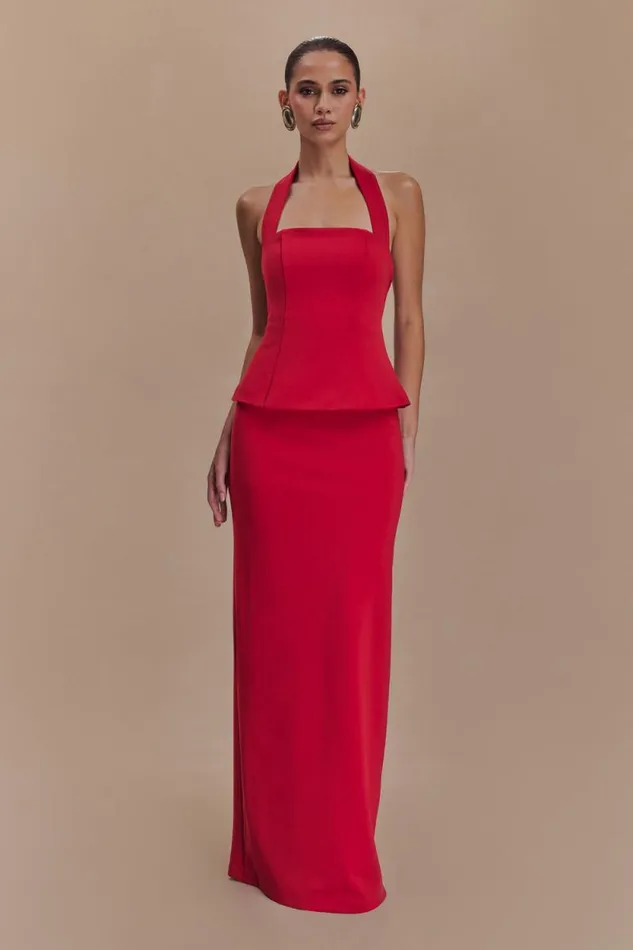 Women Meshki Dresses Bertie Peplum Halter Maxi Dress 8211 Ruby