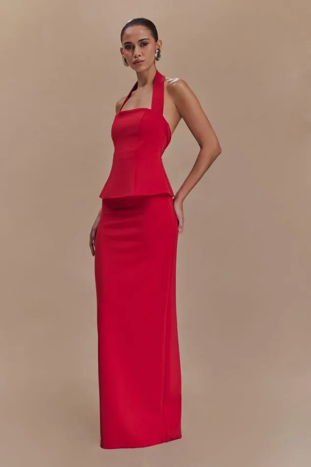 Women Meshki Dresses Bertie Peplum Halter Maxi Dress 8211 Ruby