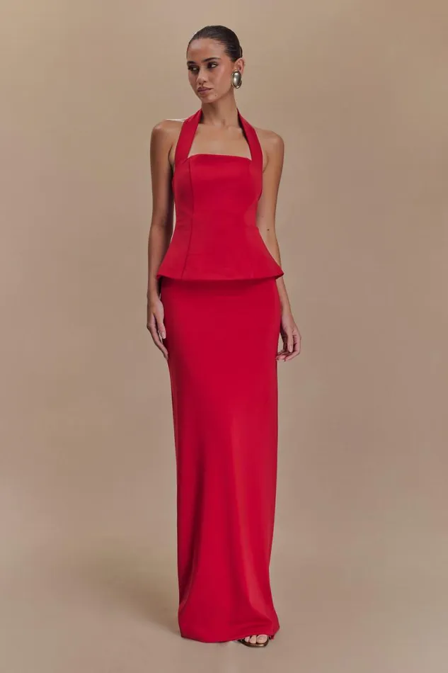 Women Meshki Dresses Bertie Peplum Halter Maxi Dress 8211 Ruby