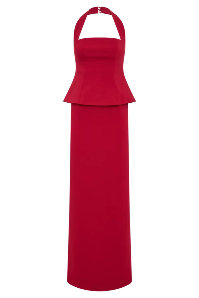 Women Meshki Dresses Bertie Peplum Halter Maxi Dress 8211 Ruby
