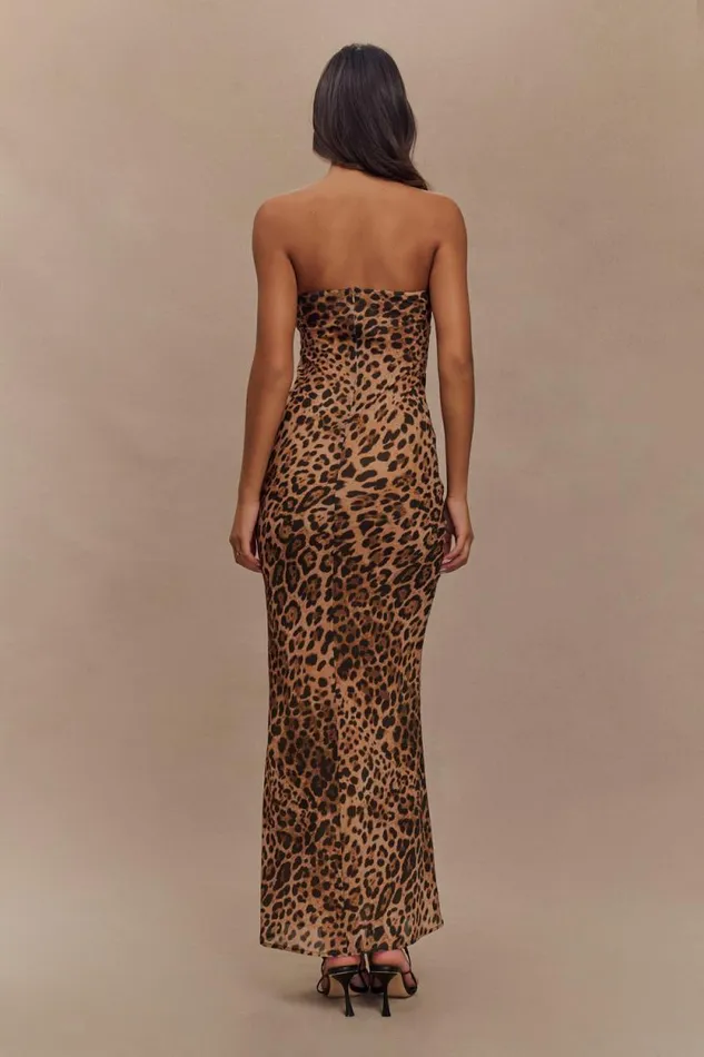 Women Meshki Dresses Breanna Strapless Chiffon Maxi Dress 8211 Leopard Print
