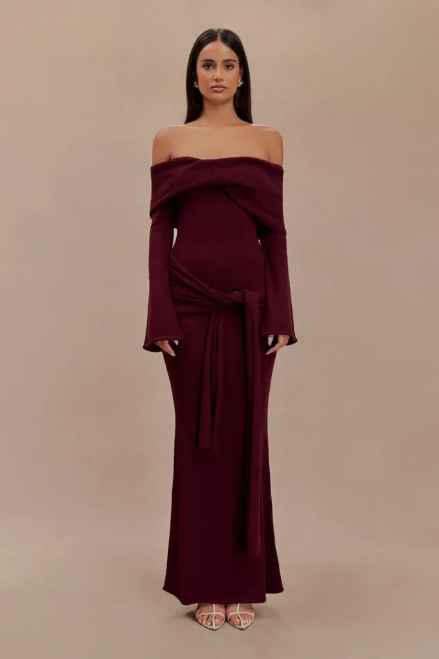 Women Meshki Dresses Cameron Off Shoulder Tie Maxi Dress 8211 Merlot