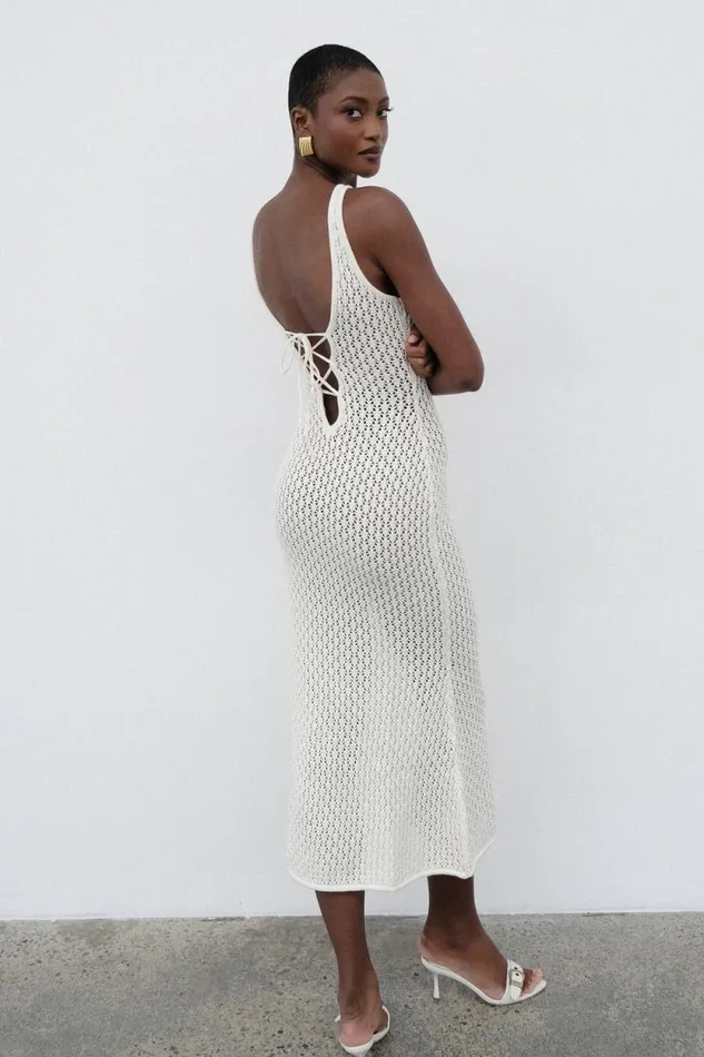 Women Meshki Dresses Cordelia Crochet Fishtail Midi Dress 8211 Ivory