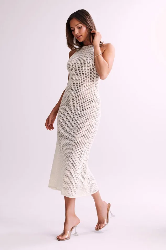Women Meshki Dresses Cordelia Crochet Fishtail Midi Dress 8211 Ivory