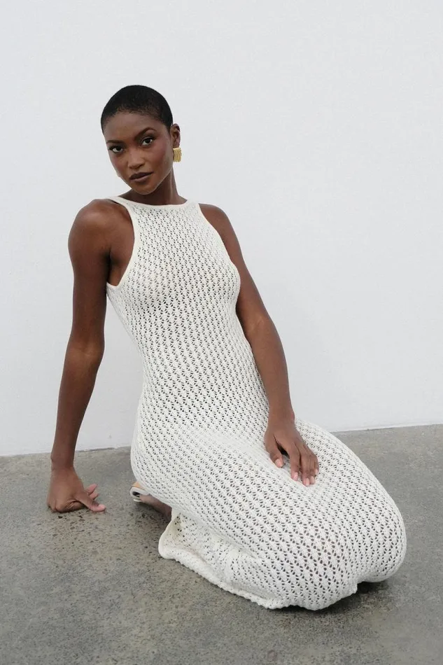 Women Meshki Dresses Cordelia Crochet Fishtail Midi Dress 8211 Ivory