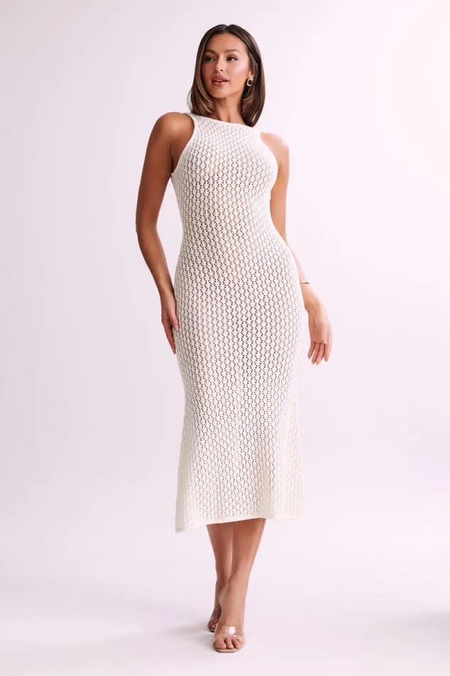 Women Meshki Dresses Cordelia Crochet Fishtail Midi Dress 8211 Ivory