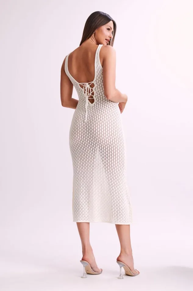 Women Meshki Dresses Cordelia Crochet Fishtail Midi Dress 8211 Ivory