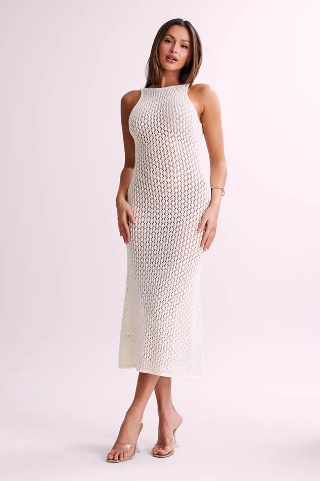 Women Meshki Dresses Cordelia Crochet Fishtail Midi Dress 8211 Ivory