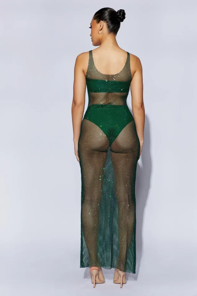 Women Meshki Dresses Delara Diamante Mesh Maxi Dress 8211 Emerald