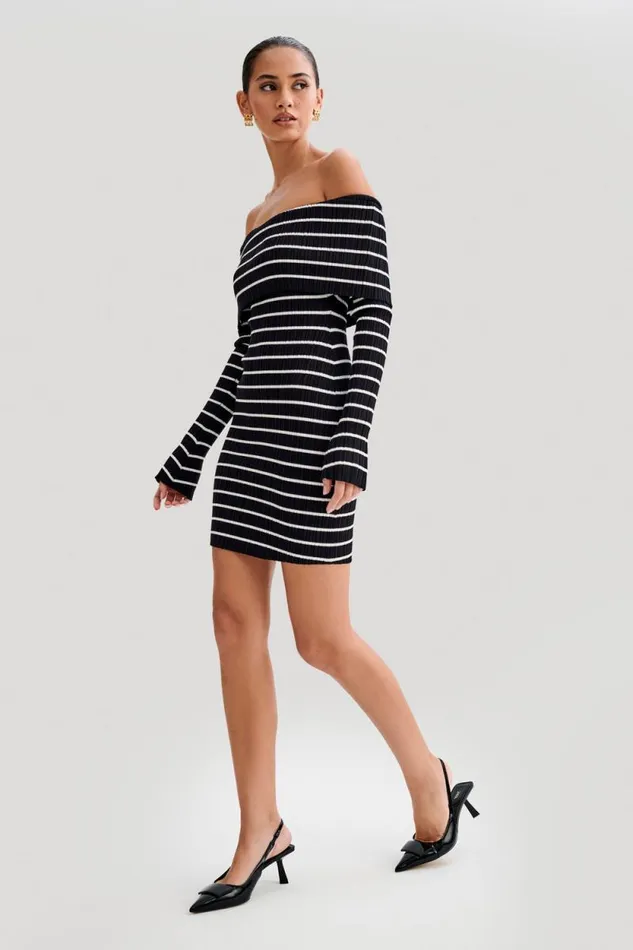 Women Meshki Dresses Dominica Off Shoulder Knit Mini Dress 8211 Black