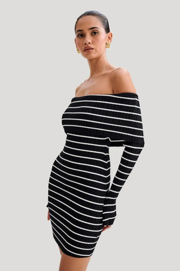 Women Meshki Dresses Dominica Off Shoulder Knit Mini Dress 8211 Black