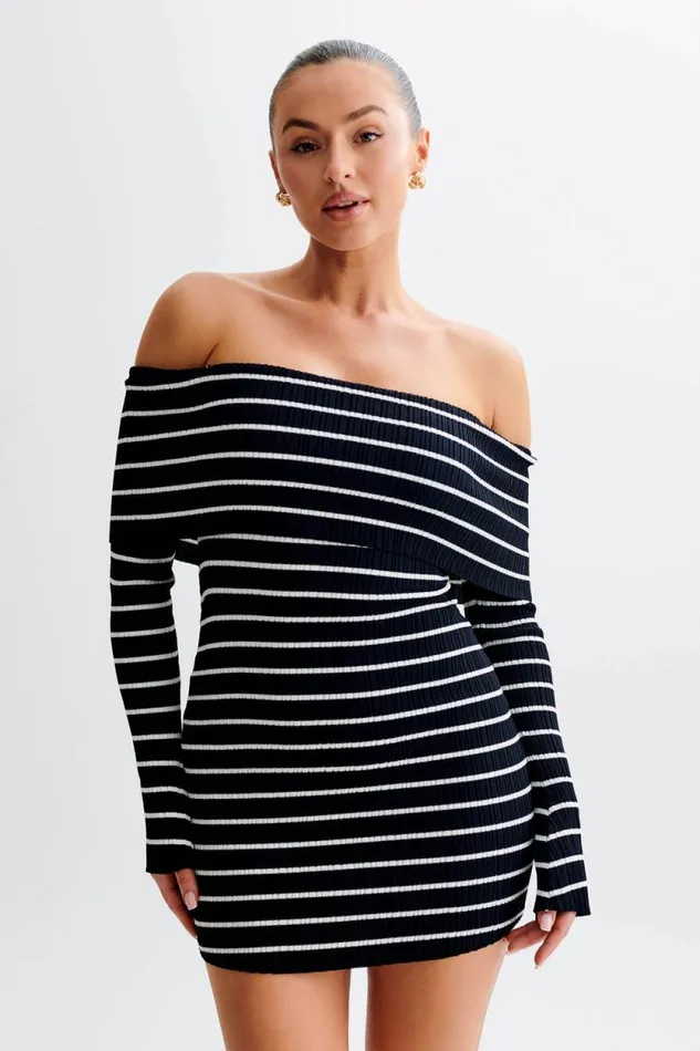 Women Meshki Dresses Dominica Off Shoulder Knit Mini Dress 8211 Black