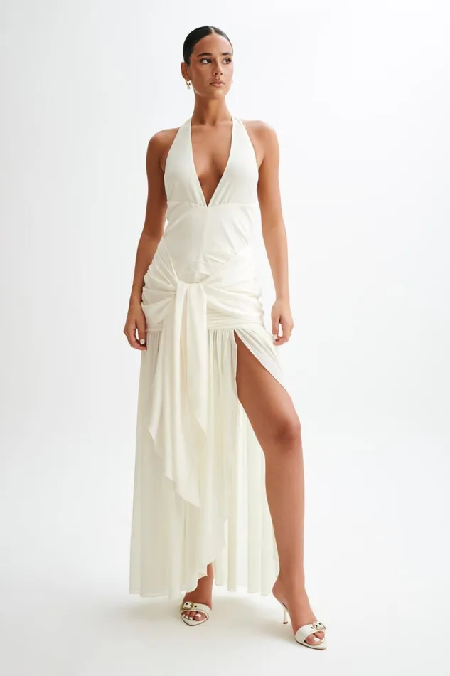 Women Meshki Dresses Graziana Satin Chiffon Plunge Maxi Dress 8211 Ivory