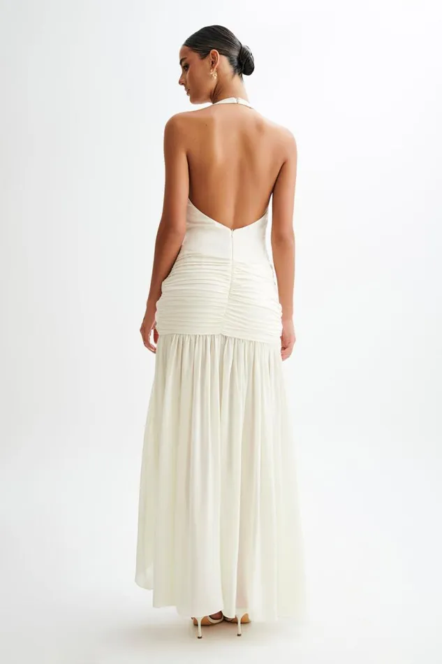 Women Meshki Dresses Graziana Satin Chiffon Plunge Maxi Dress 8211 Ivory