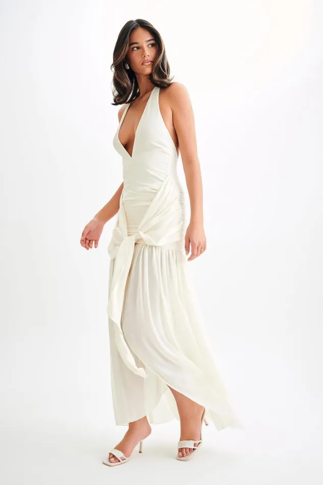 Women Meshki Dresses Graziana Satin Chiffon Plunge Maxi Dress 8211 Ivory
